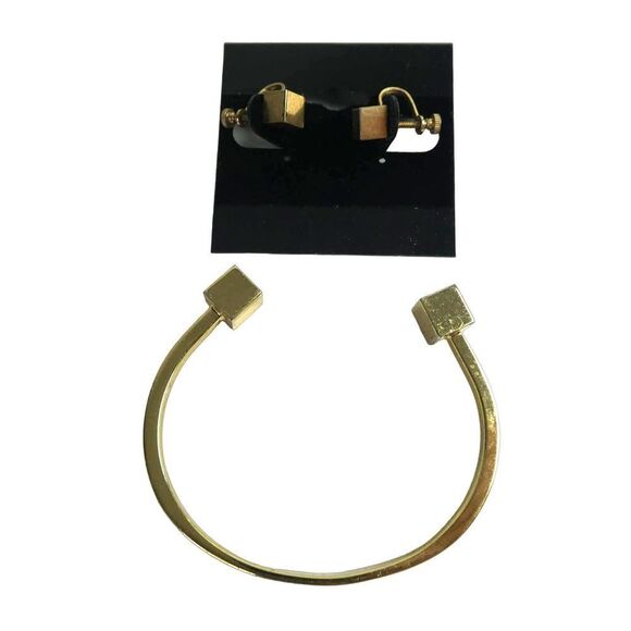 Gold Tone Box Square 3D Screw On Clip Earrings & J. Crew Factory Cuff Bracelet - Picture 1 of 6